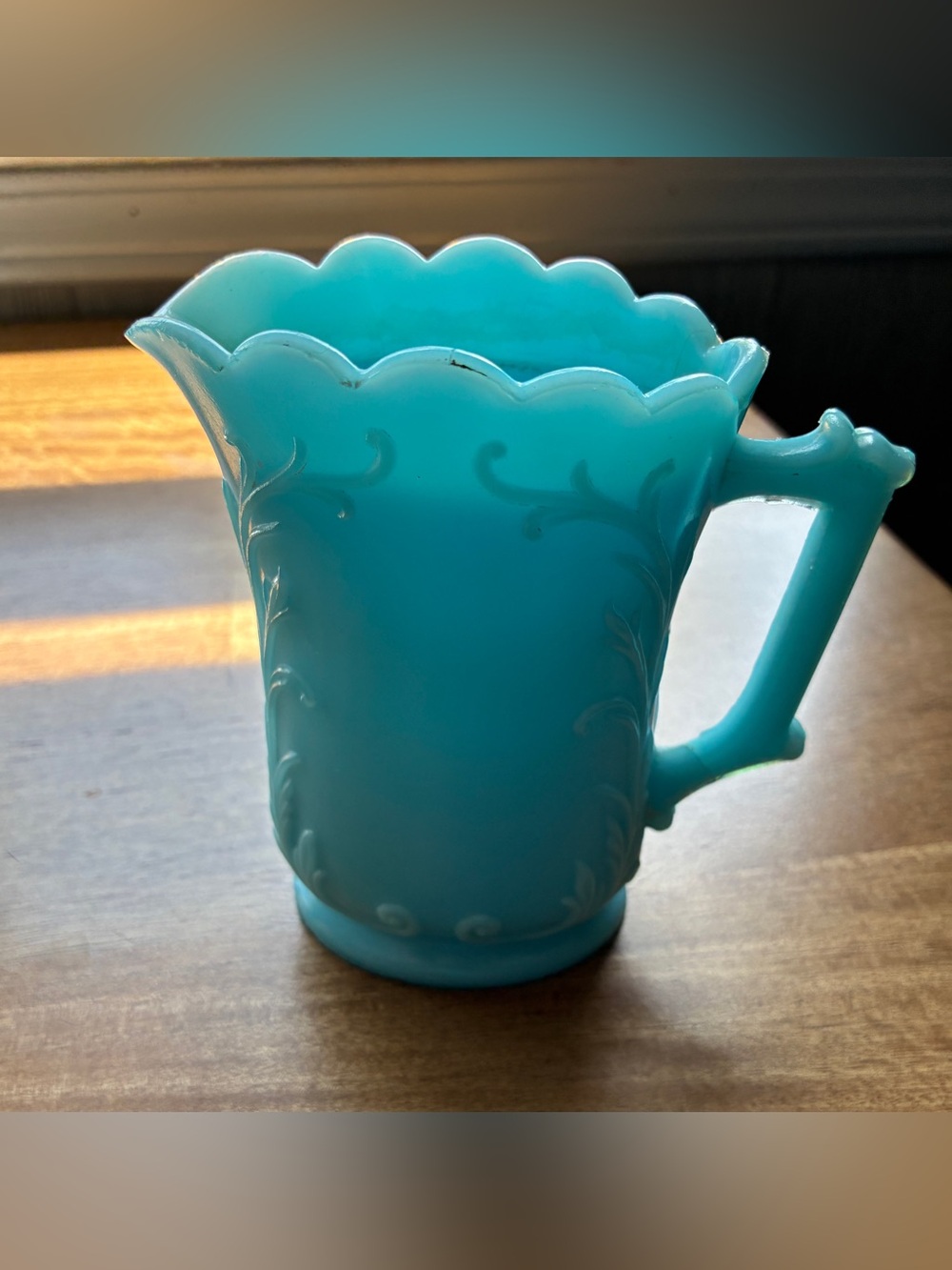Vintage Blue Milk Glass Cream Pitcher 5” x4.5”